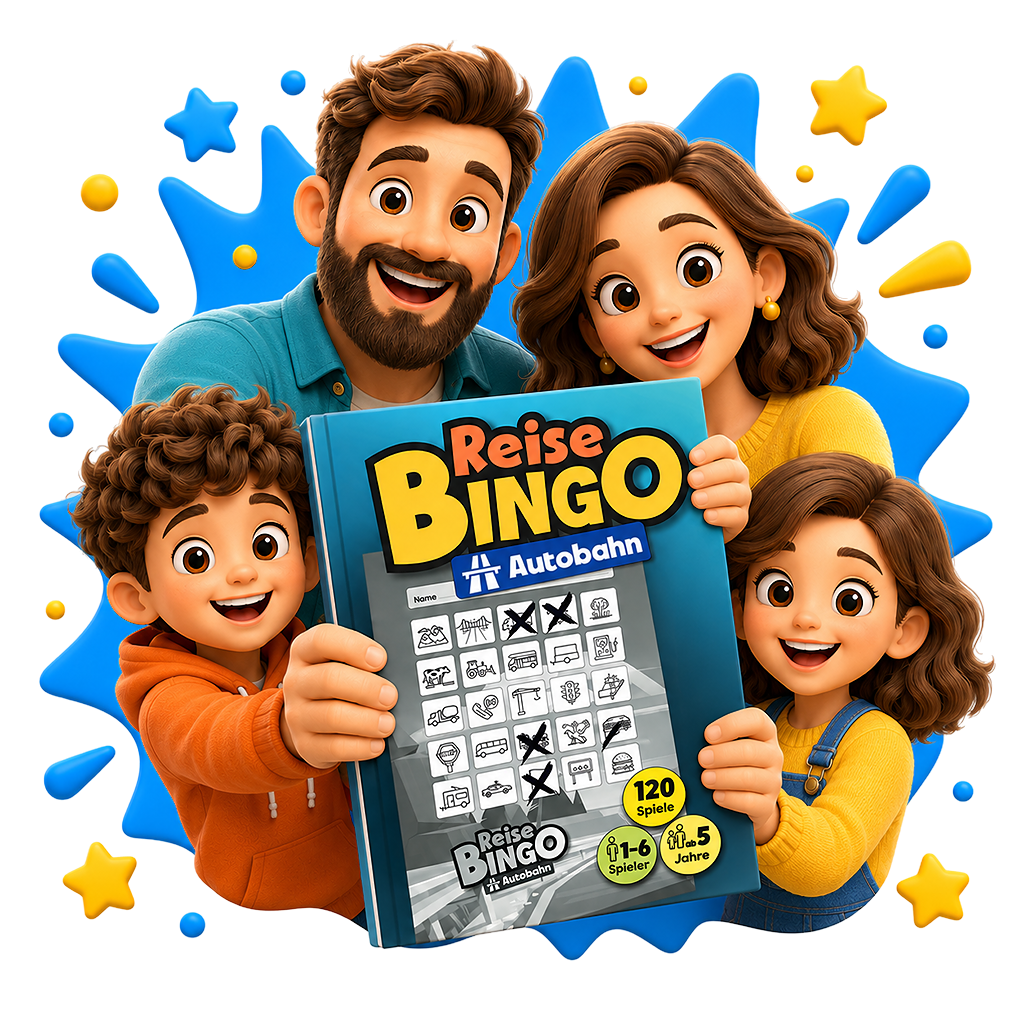 Familie mit ReiseBingo Autobahn Buch als Podcast Titelbild