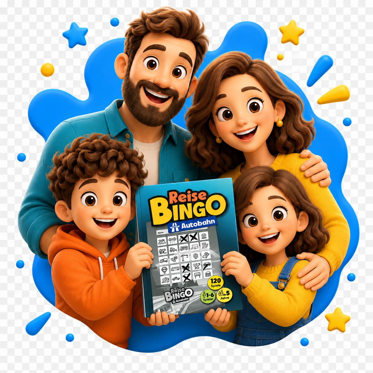 Glückliche Familie mit ReiseBingo Autobahn Buch als Header-Badge