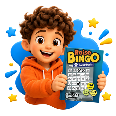Junge hält glücklich das ReiseBingo Autobahn Buch