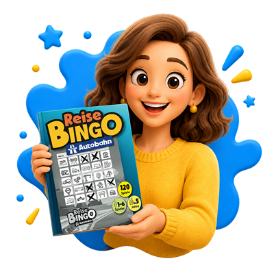Mama hält ReiseBingo Autobahn Buch zum Podcast Kinder beschäftigen im Auto