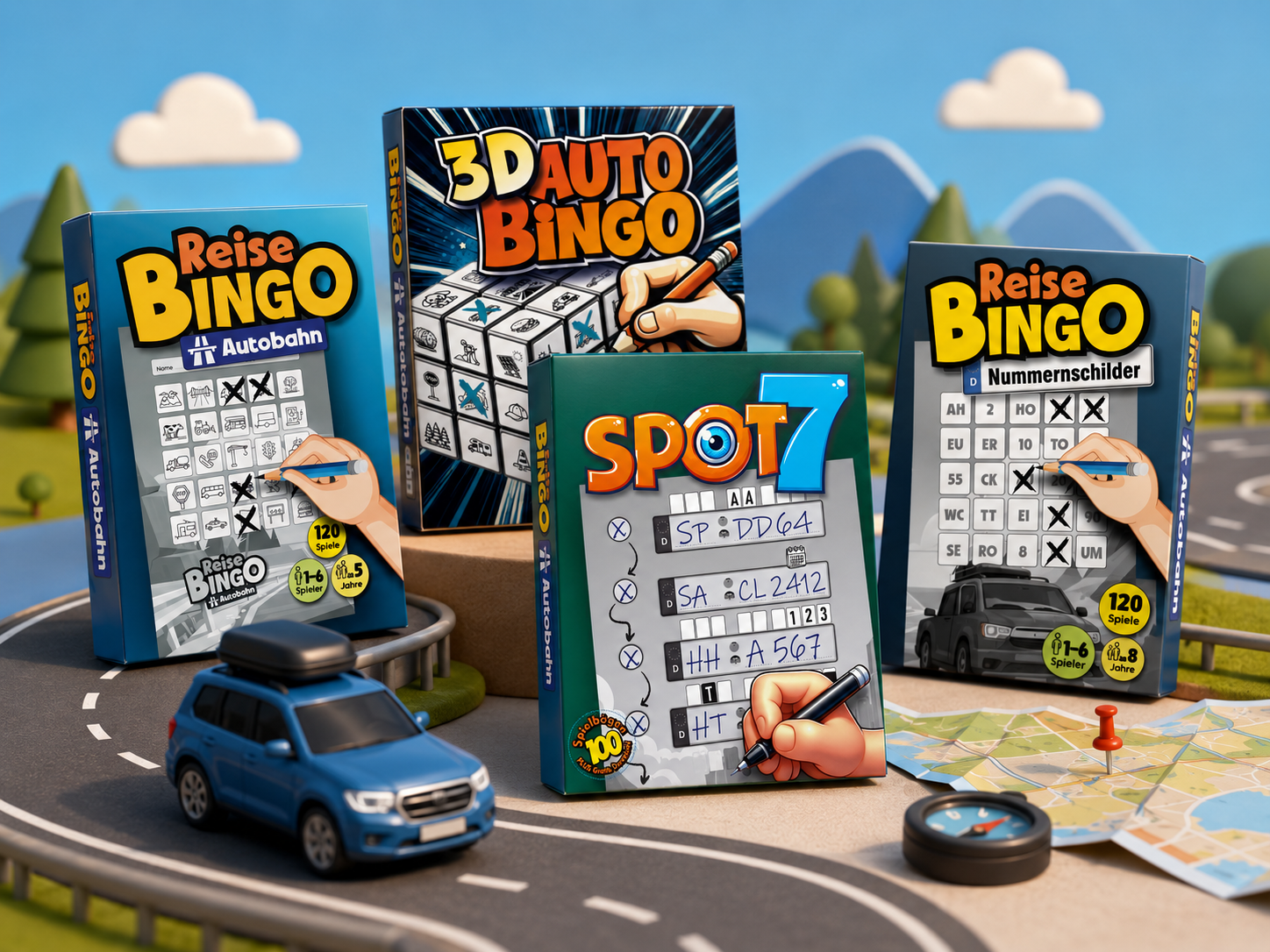 Auswahl verschiedener AutoBingo und ReiseBingo Bücher im 3D-Stil