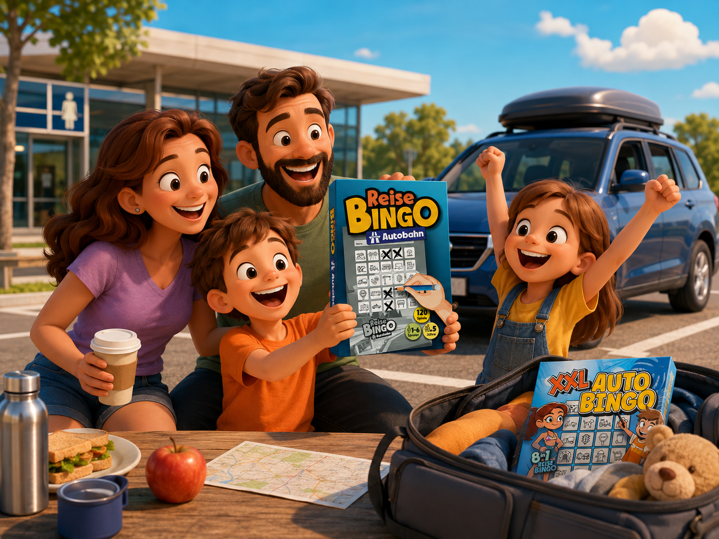 Fröhliche Familie mit ReiseBingo Autobahn Buch als Abschlussbild für den Onepager