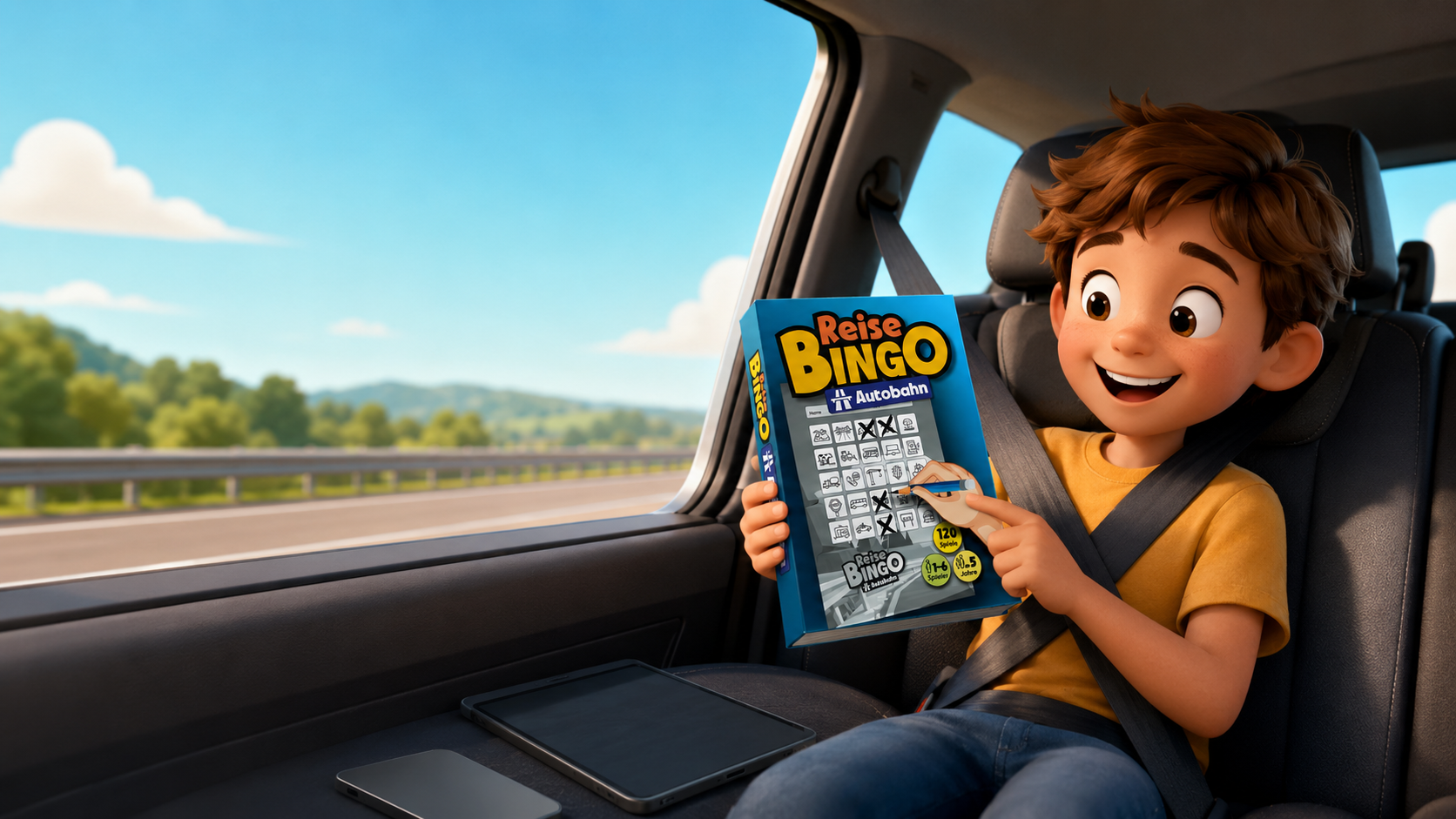 Kinder spielen ReiseBingo Autobahn auf der Rückbank als Beschäftigung für Kinder im Auto