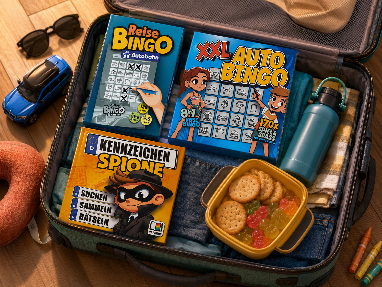 Reise Must Haves Kinder mit ReiseBingo Büchern im Koffer für den Familienurlaub