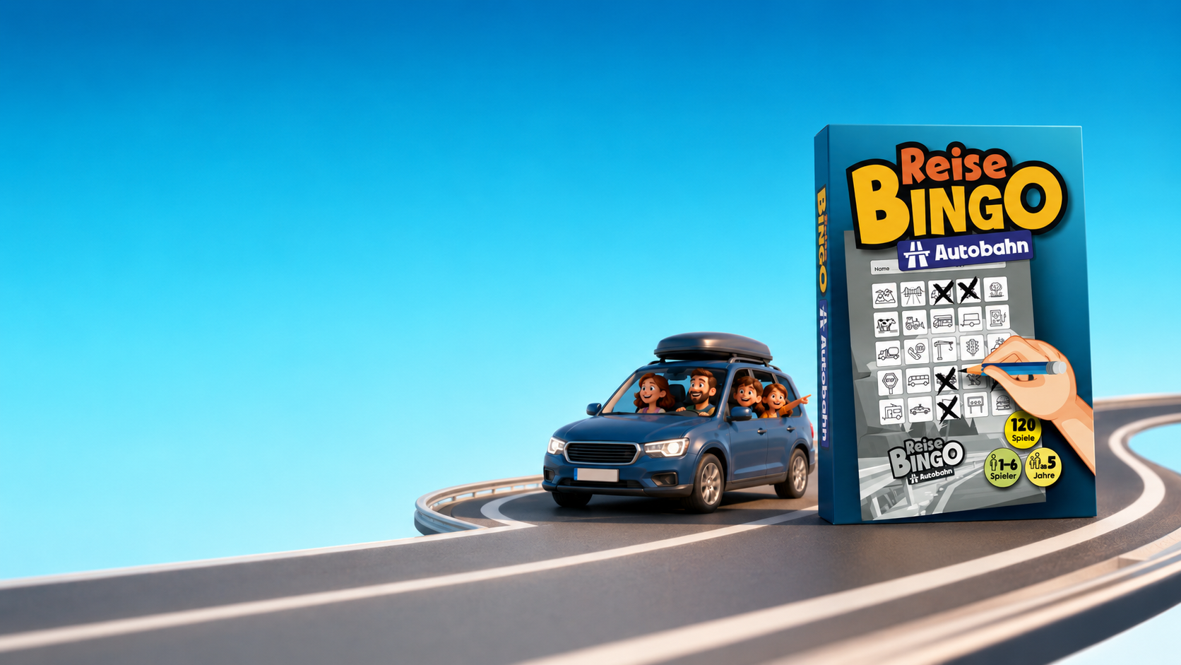 ReiseBingo Autobahn Produktbild im modernen 3D-Stil mit Autobahn-Schildern